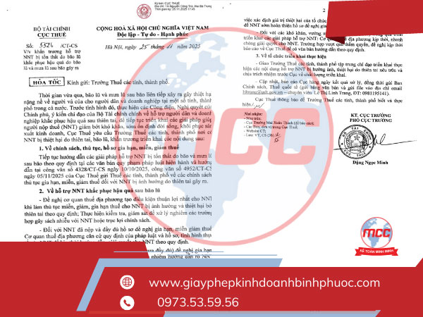 Công văn 5526/CT-CS của Cục Thuế về hỗ trợ người nộp thuế bị thiệt hại do bão lũ và mưa lũ